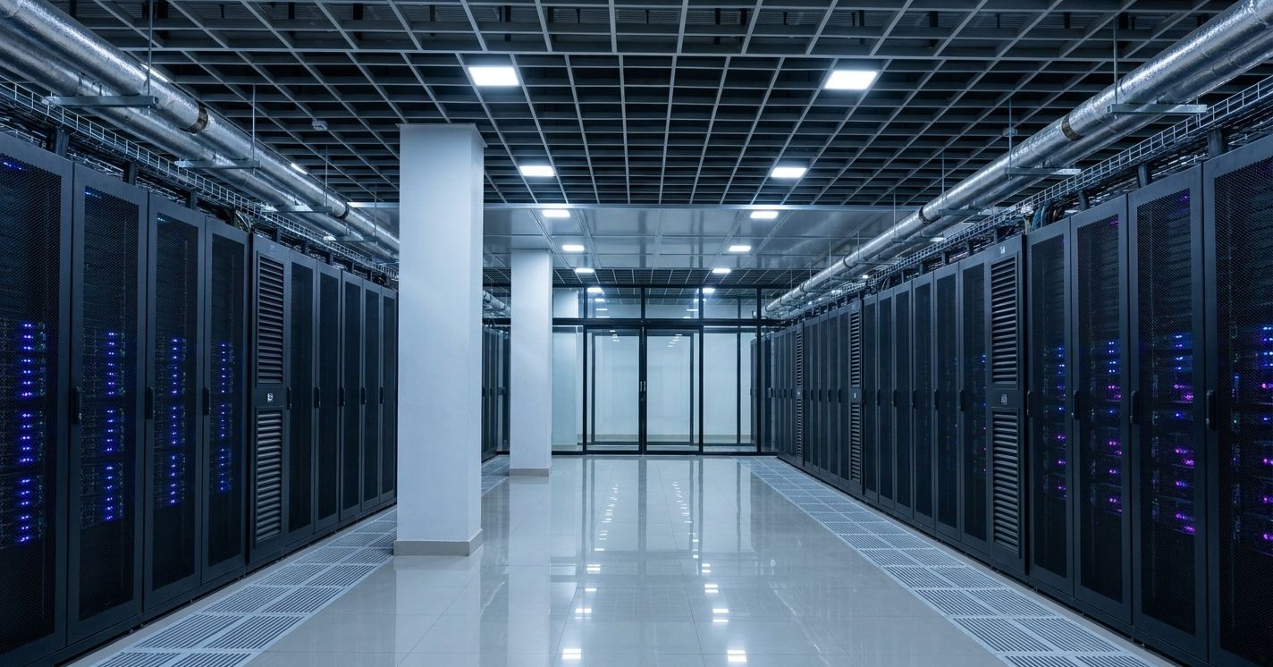 The same hall fitted out with two rows of server racks forming a
                  contained cold aisle, in-row cooling units between the cabinets and
                  overhead pipework.