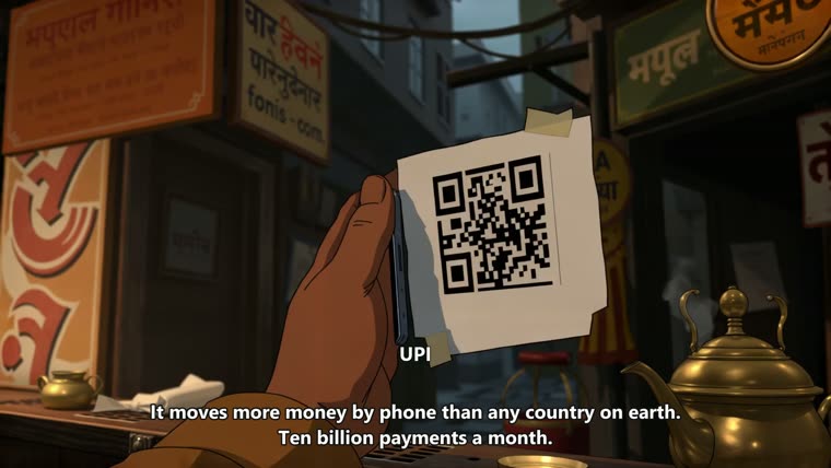 A hand holding a phone to a printed QR code at a tea stall, Devanagari shop boards behind.