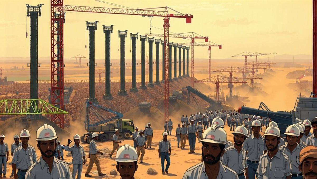 An animated construction site from The Making of India: rows of steel columns, cranes and workers in hard hats