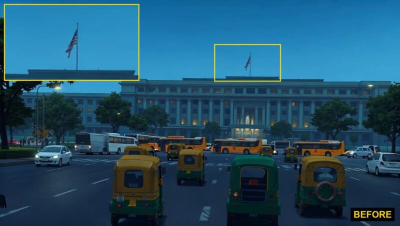 An animated New Delhi government building with an American flag on its roof, boxed and zoomed, labelled BEFORE
