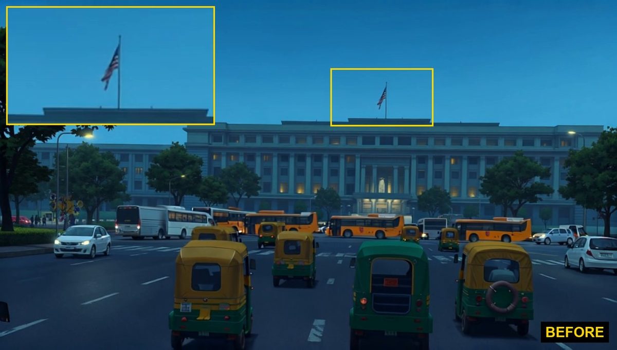 An animated New Delhi government building with an American flag on its roof, boxed and zoomed, labelled BEFORE