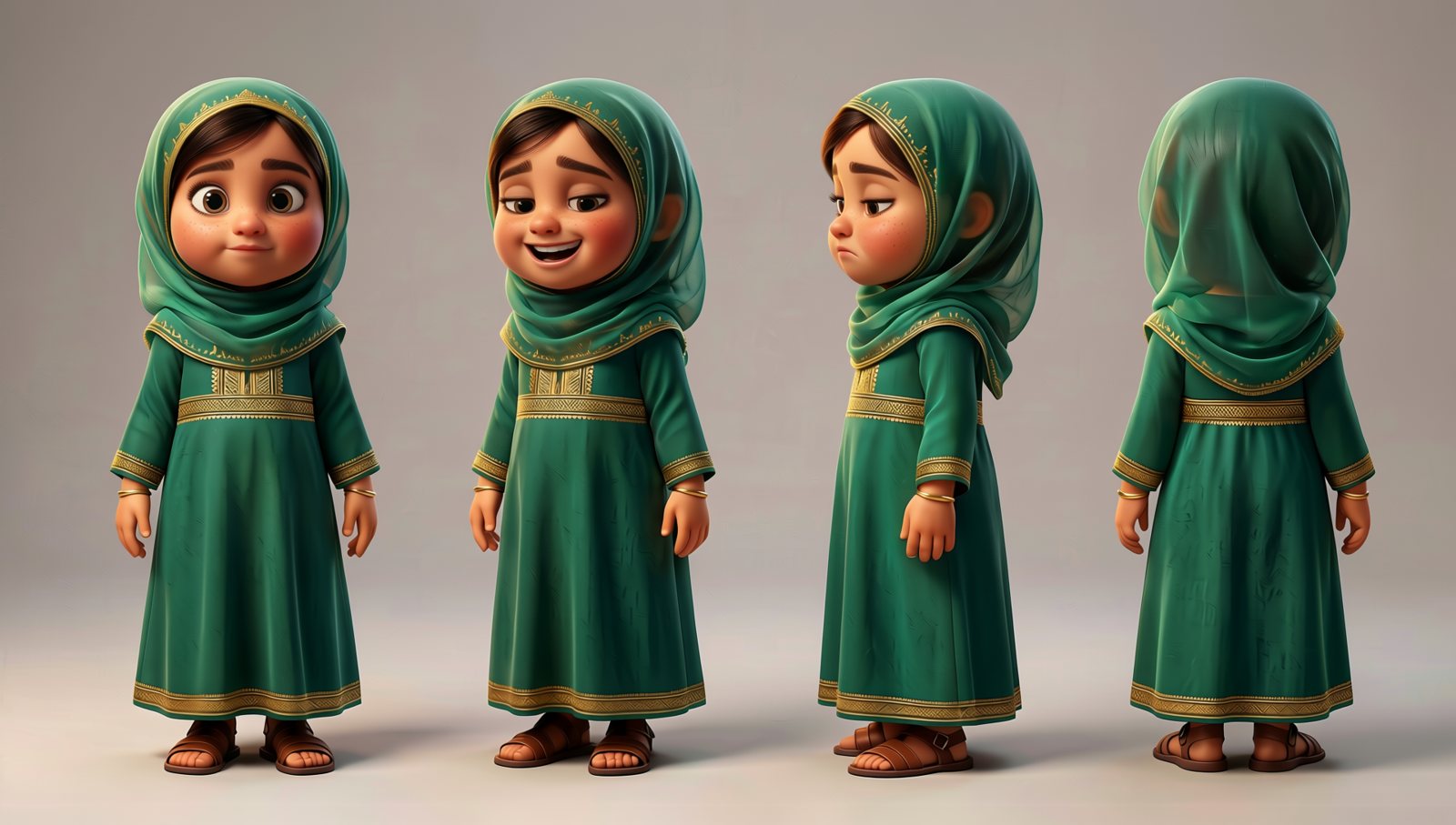 Noora, 7, expressions sheet, Qwen-Image 2512 + Qwen-Image-Edit 2511, from its own turnaround, take 2